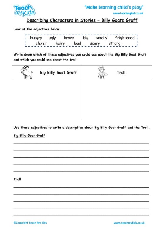 Worksheets for kids - describing-characters-in-a-story-billy-goats-gruff
